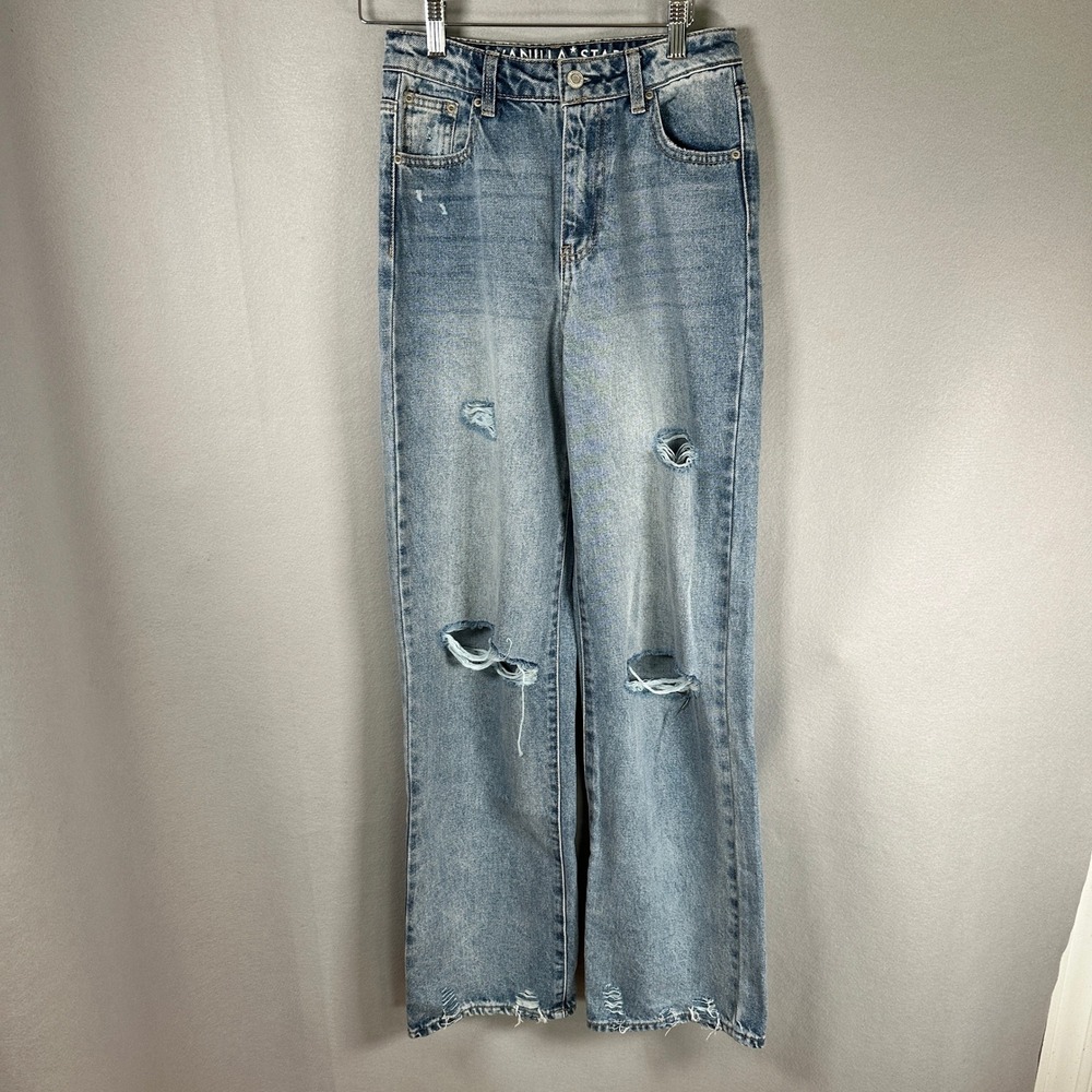 Y2K Vanilla Star High Rise Wide Leg Jeans Womens 26 Light Wash Distressed